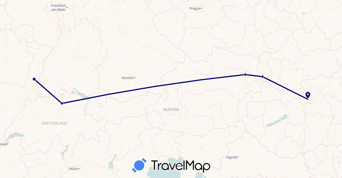 TravelMap itinerary: driving in Austria, Switzerland, France, Hungary, Slovakia (Europe)